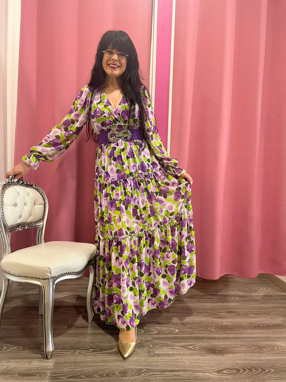 Abito lungo con fiori rosa - abbigliamento - Stilosa
