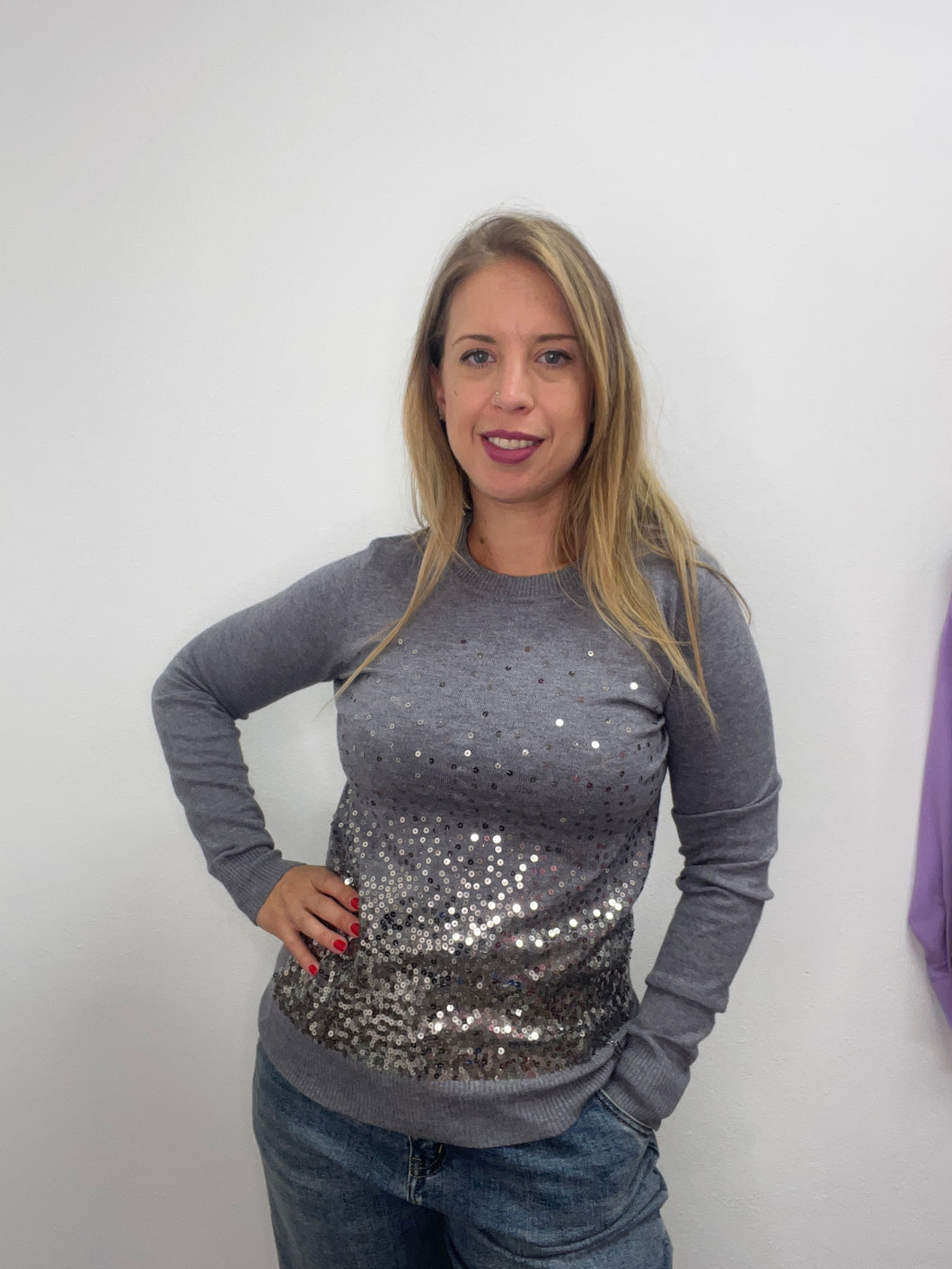 Maglia girocollo con paillettes grigio - abbigliamento - Artigli