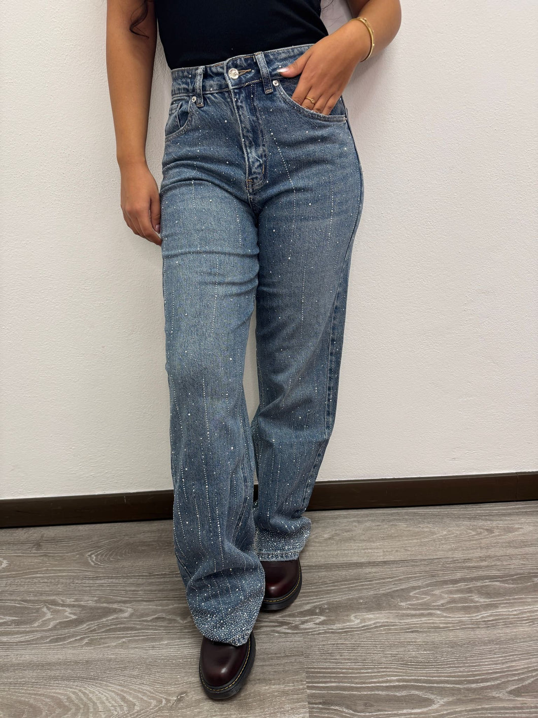 Jeans palazzo cascata strass 1113 - JEANS - Stilosa