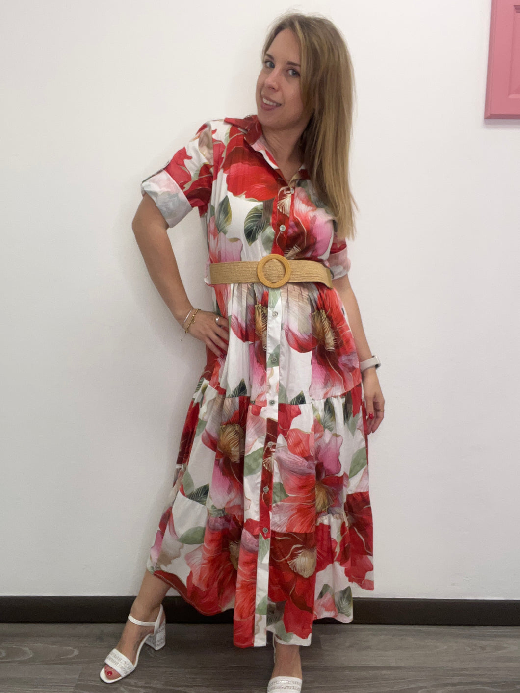Abito lungo fiori con cintura - abbigliamento - Stilosa