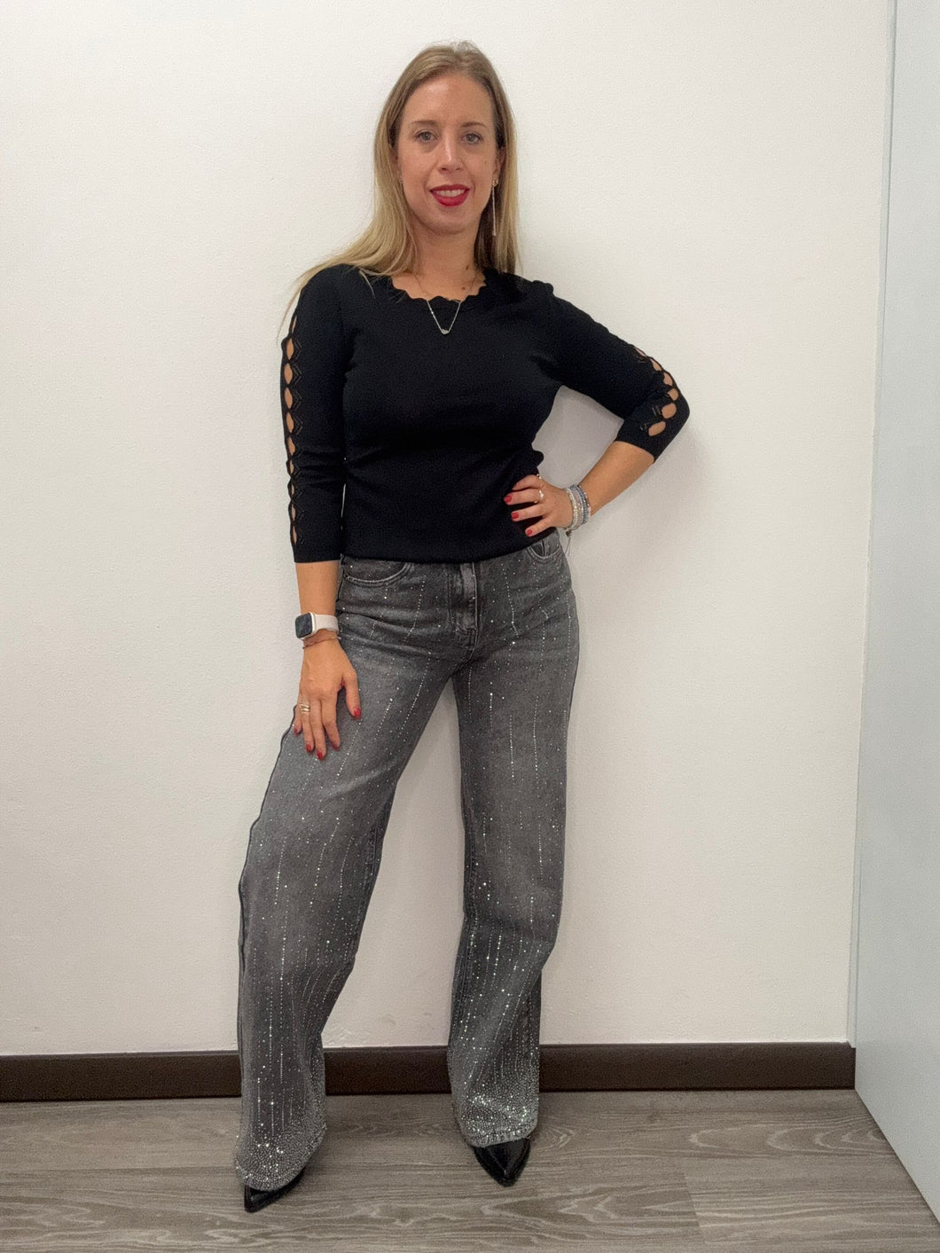Jeans palazzo cascata strass 1113 - JEANS - Stilosa