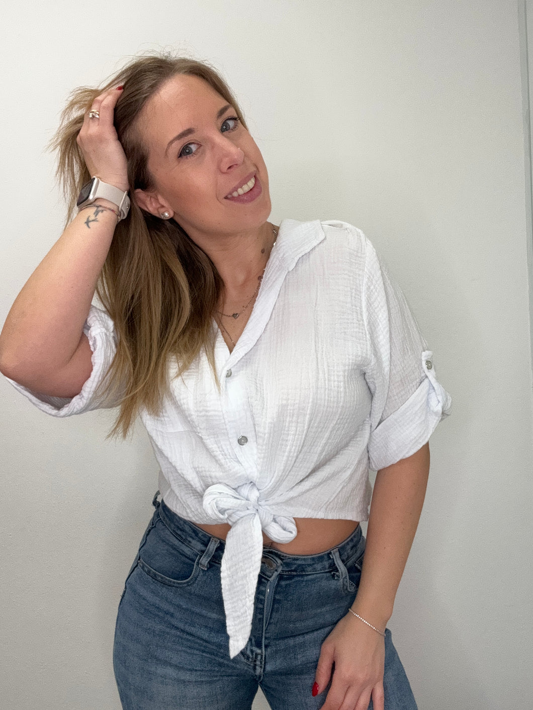 Camicia lavorata con nodo - abbigliamento - Stilosa